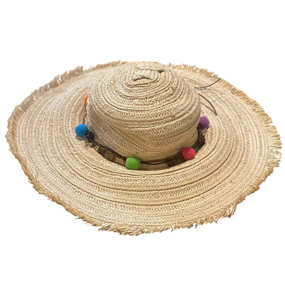 Cappelli Straworld Wide Brim Straw Hat Pom Pom Charm Beach Sun Hat One Size